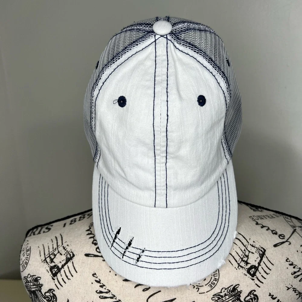 Brand New-White & Blue Distressed Baseball Hat